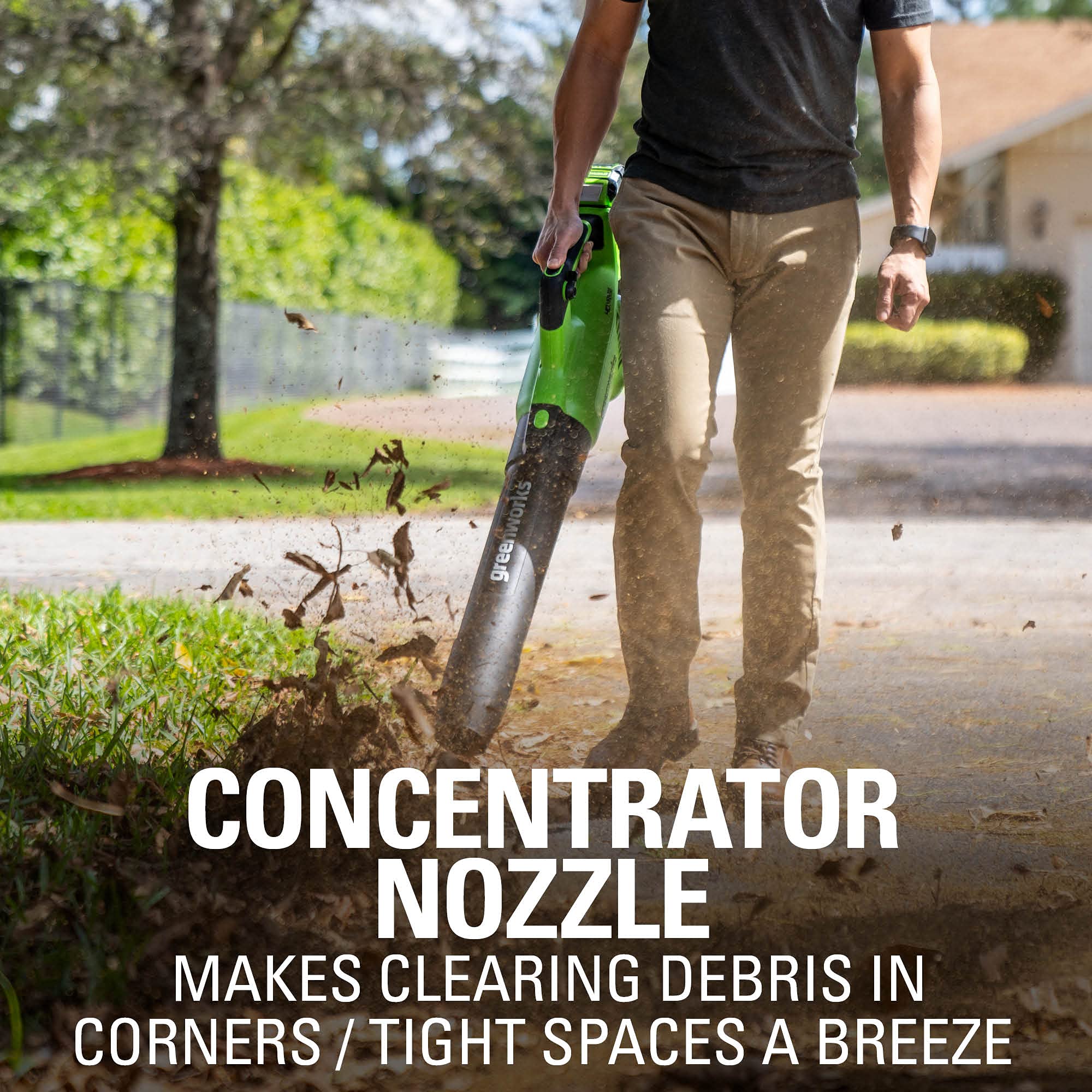 Greenworks blower with user manual showing included items and setup benefit