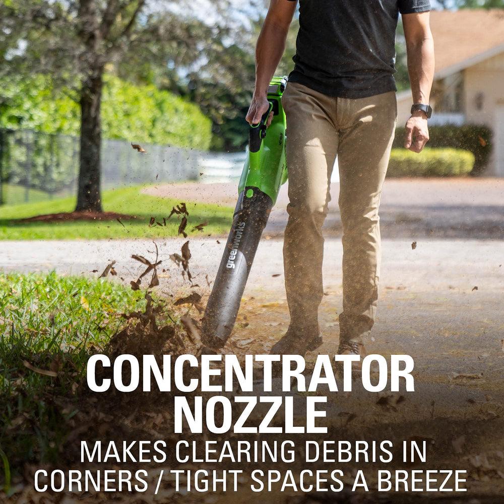 Greenworks blower with user manual showing included items and setup benefit