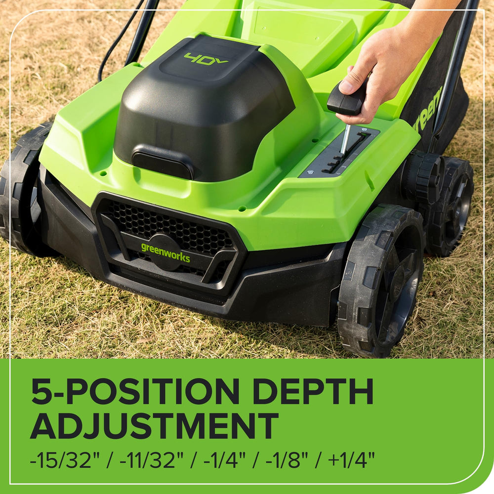 Greenworks 40V tine reel closeup showing quick-swap functionality