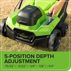 Greenworks 40V tine reel closeup showing quick-swap functionality