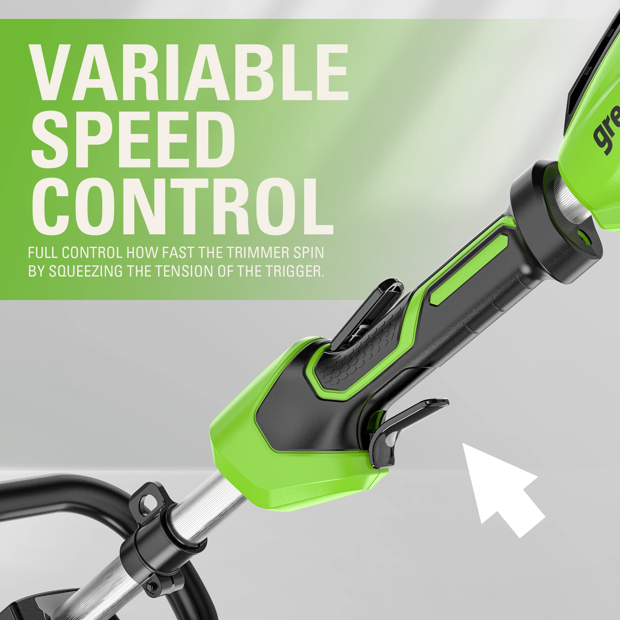 Greenworks handle and trigger showing variable speed control benefit