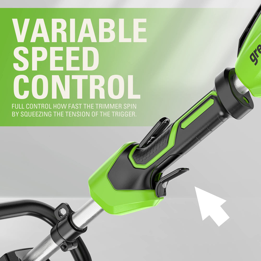 Greenworks handle and trigger showing variable speed control benefit