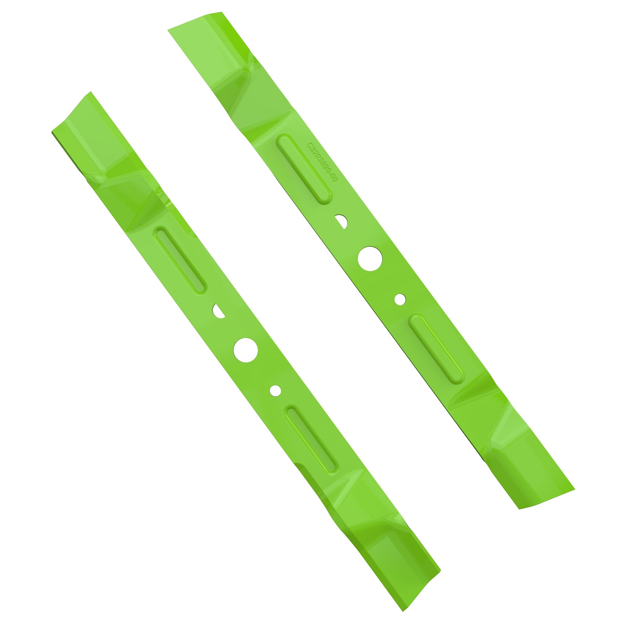 Greenworks blade front view showing steel edge and fit for precise cutting
