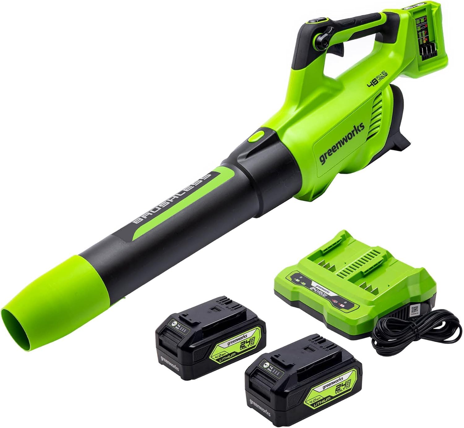 Greenworks 48V blower front view showing controls and benefits of powerful airflow