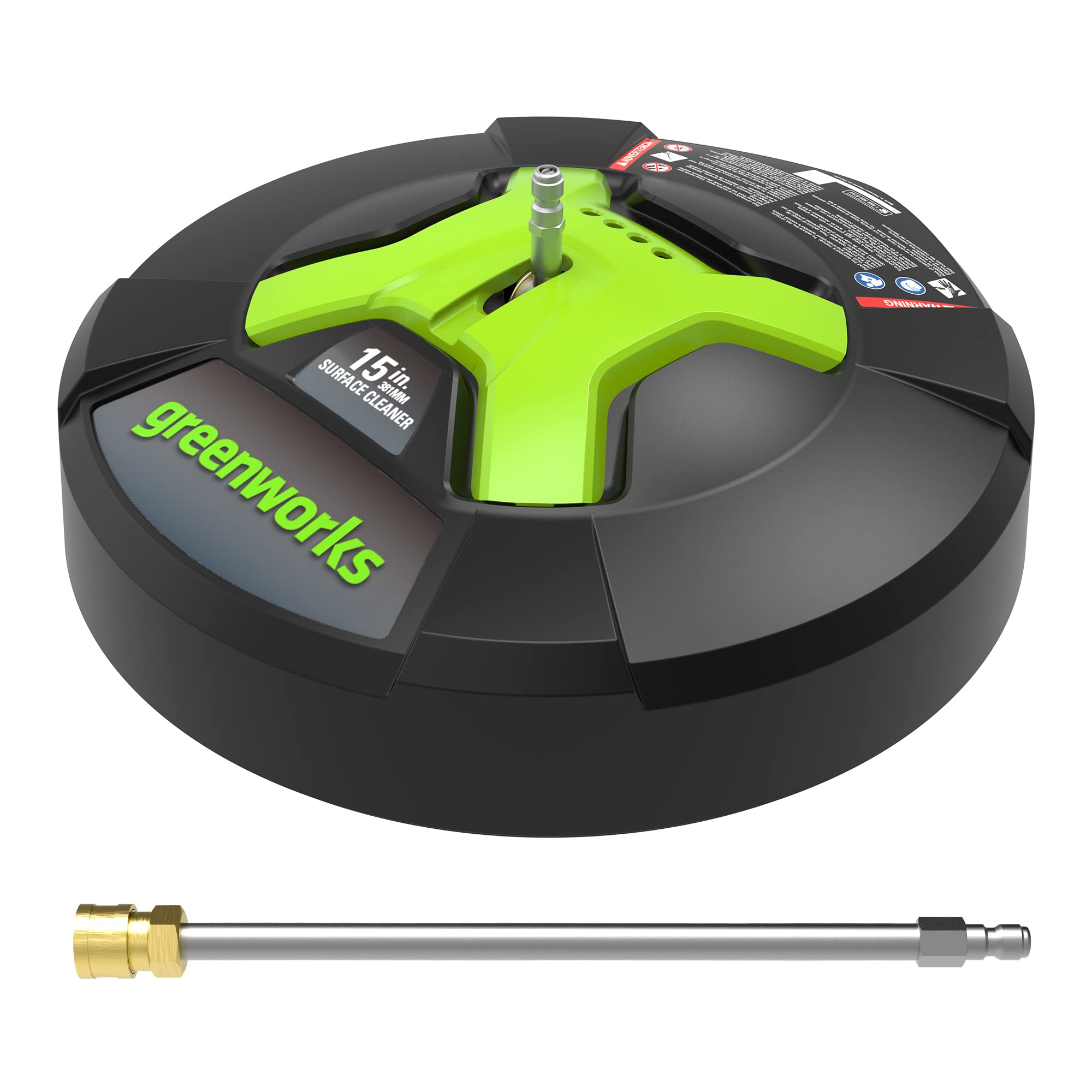 GreenWorks 5210902 front view showing 15-inch housing for faster cleaning