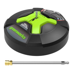 GreenWorks 5210902 front view showing 15-inch housing for faster cleaning