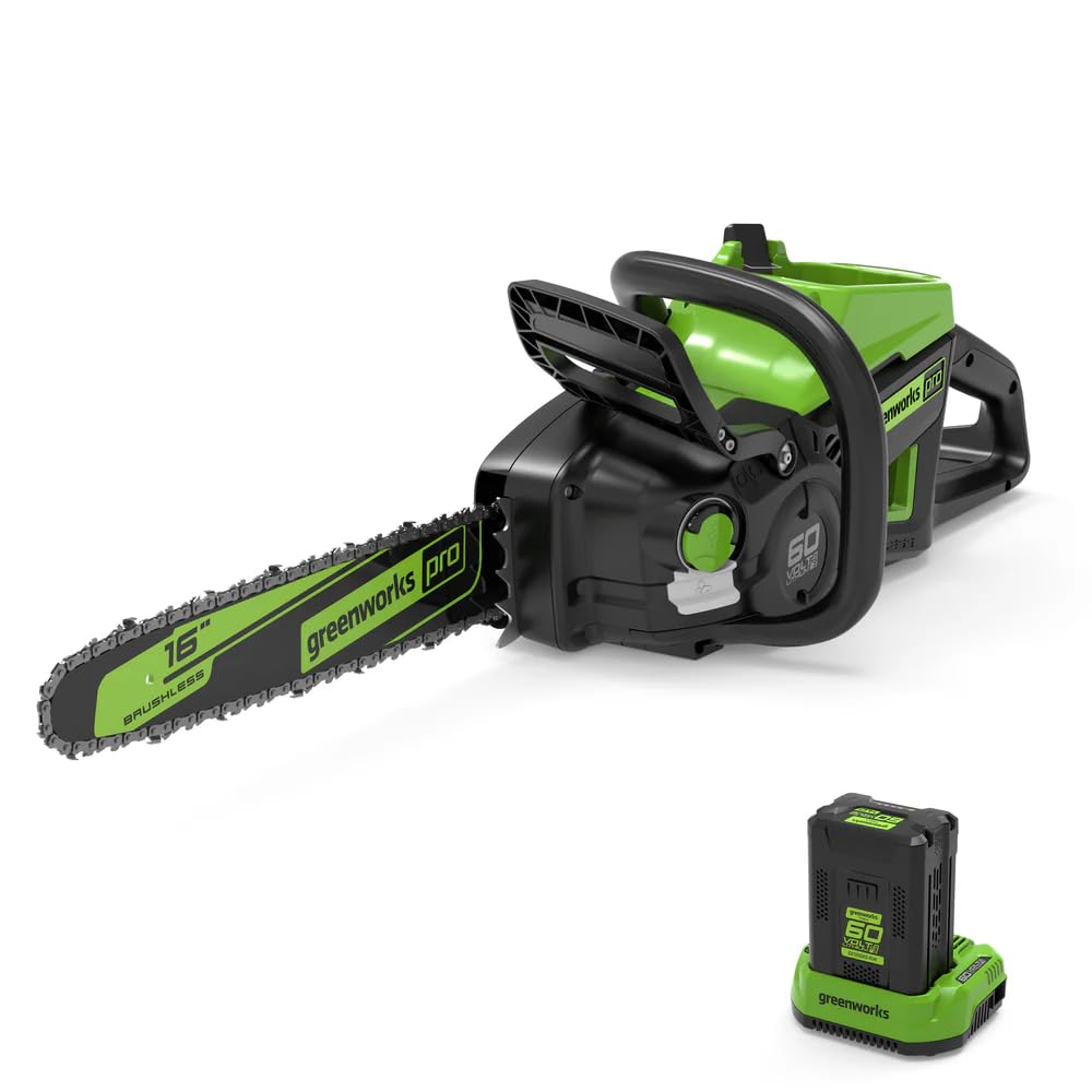 Greenworks 60V front angle view showing the 18-inch bar and easy grip