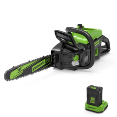 Greenworks 60V front angle view showing the 18-inch bar and easy grip