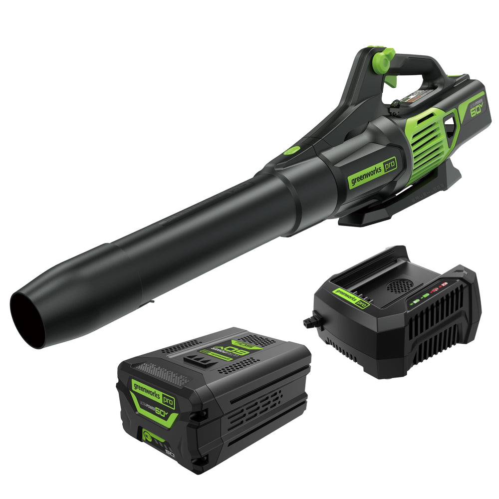 Greenworks blower front view showing design and fast cleanup benefit