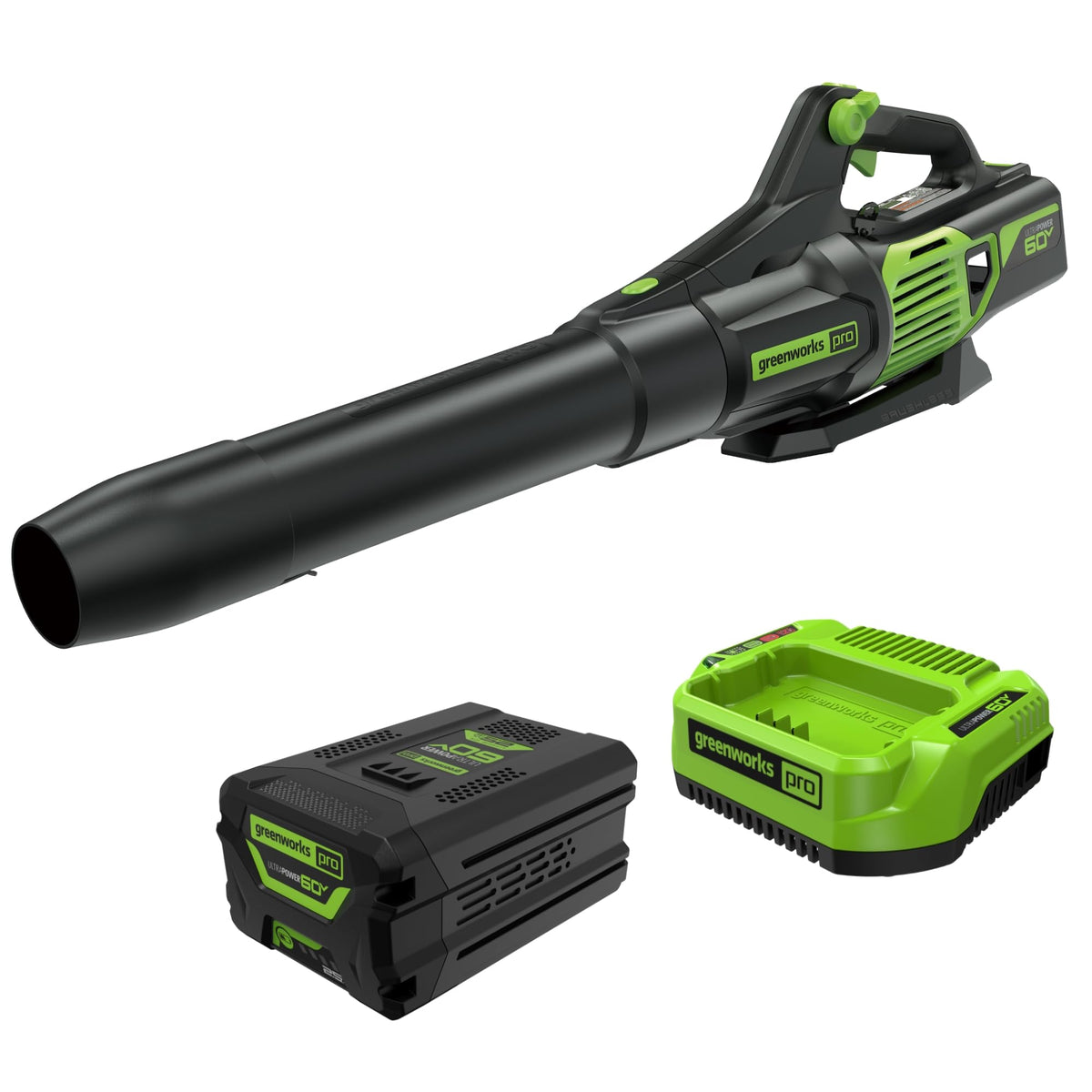 Greenworks 60V front view showing compact design and powerful airflow benefits