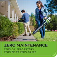 Greenworks blower in use clearing a driveway for fast, gas-free cleanup