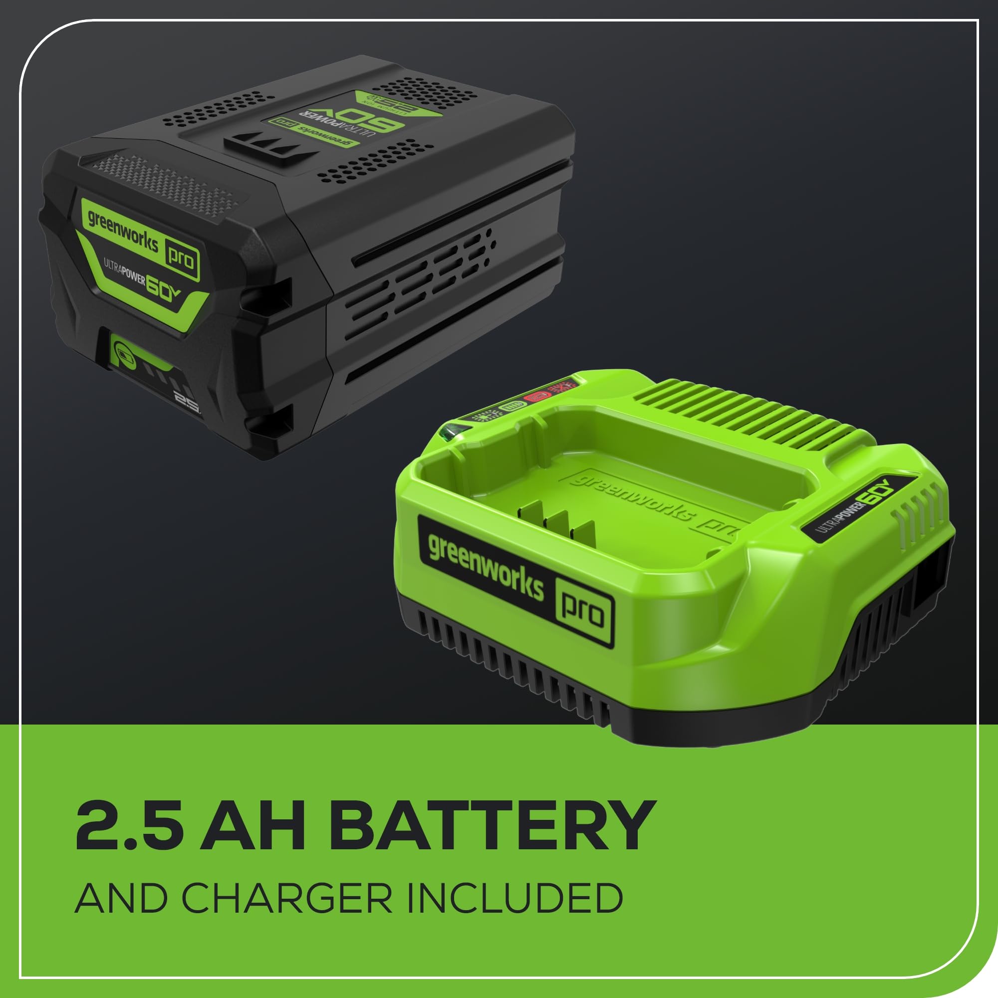 Greenworks next to a scale showing lightweight design for reduced user fatigue