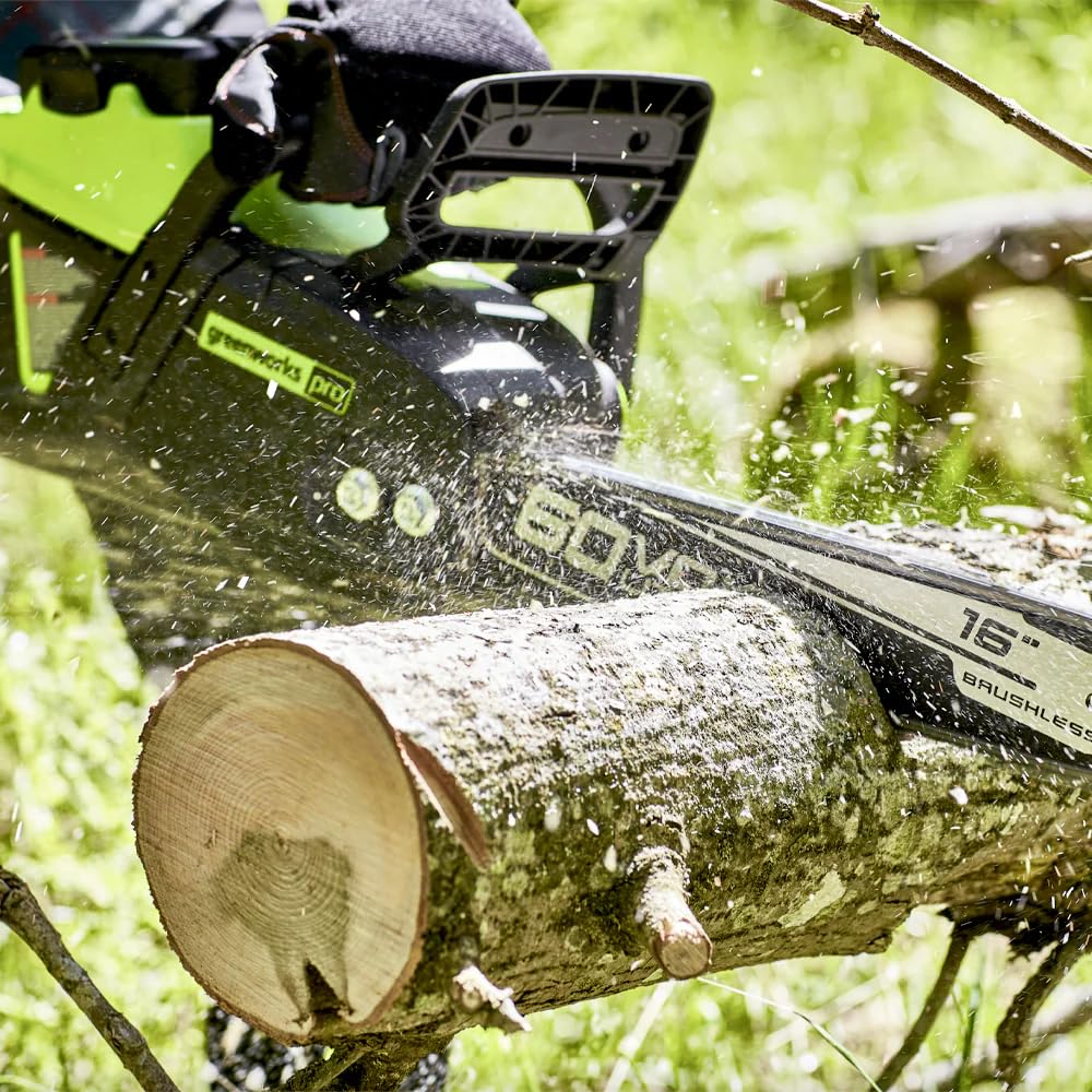 Greenworks 60V cutting a branch demonstrating strong cordless performance