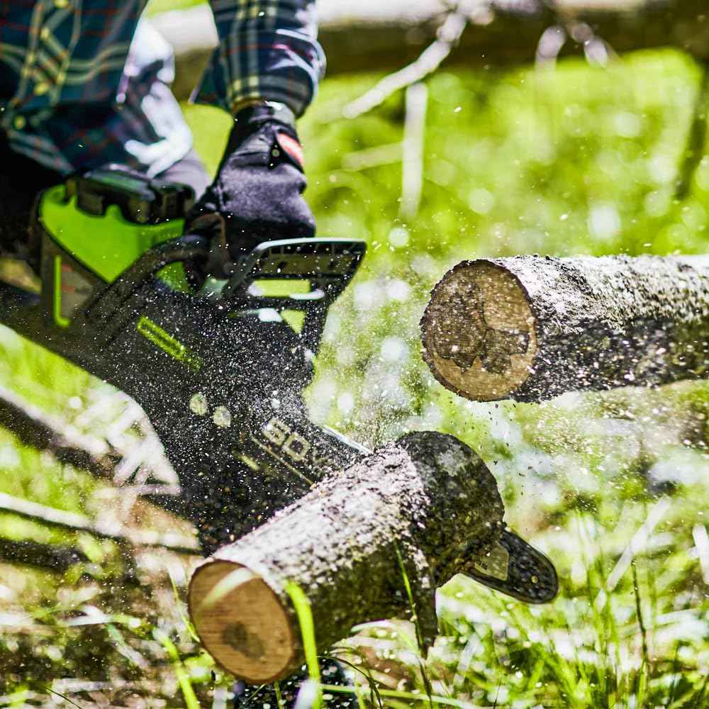 Greenworks 60V next to hands showing lightweight balance and user control