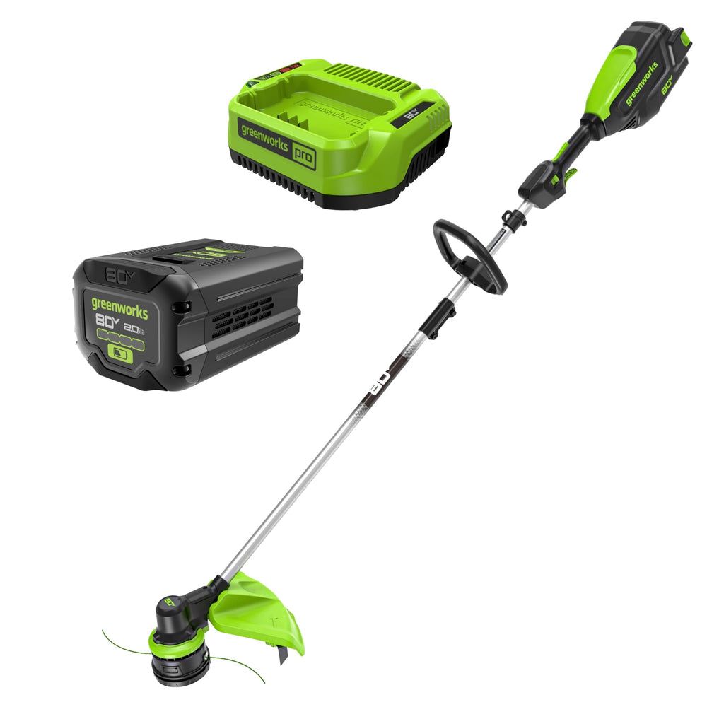Greenworks front view of 80V 16" trimmer showing design and reach benefit
