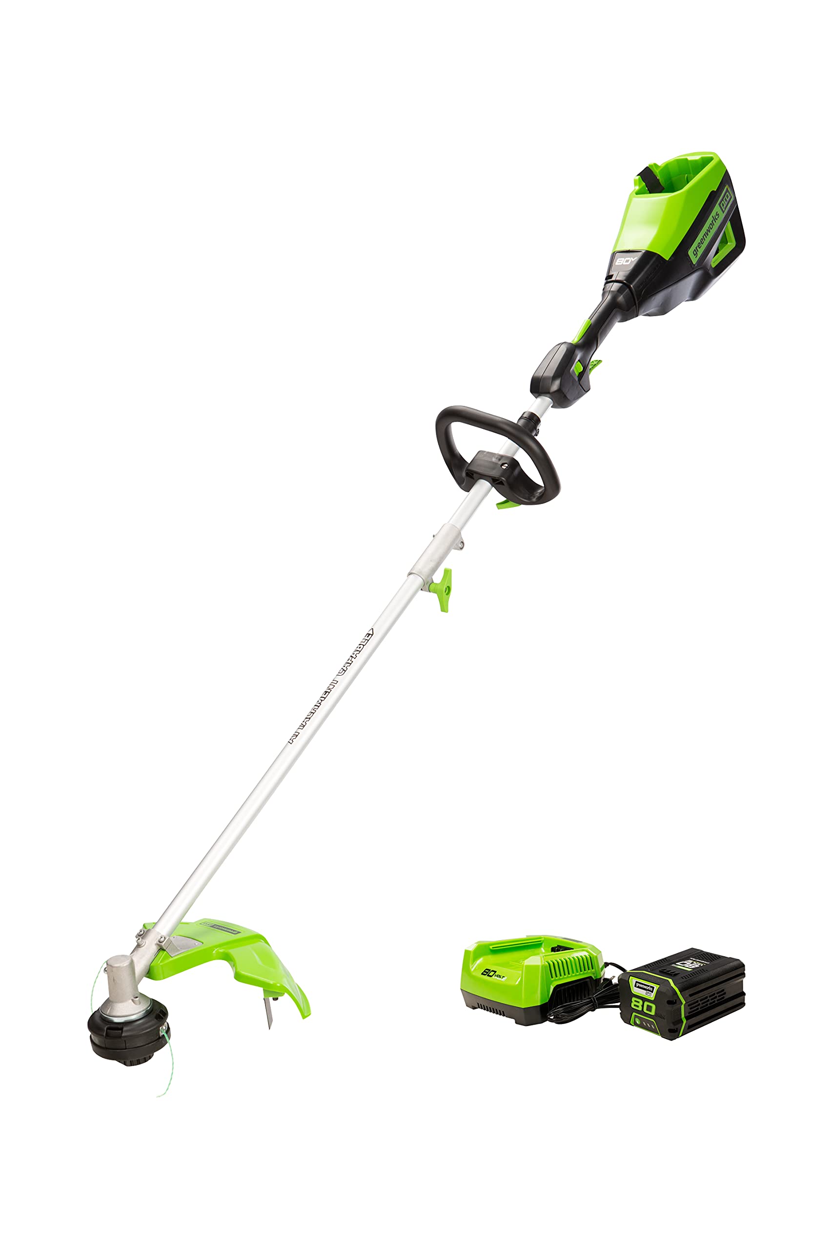 Greenworks trimmer front view showing 16-inch cutting head and battery for efficient trimming