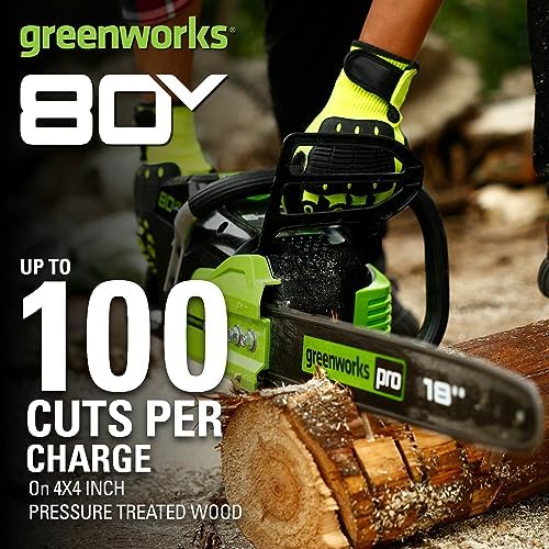 Greenworks closeup of 18-inch bar and chain for precise cutting benefit