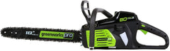 Greenworks chainsaw front view showing balanced design and easy handling