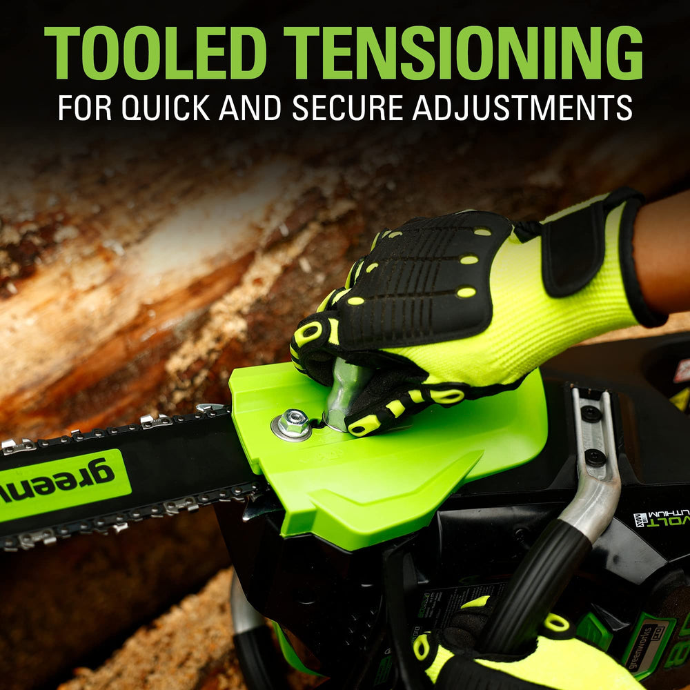 Greenworks chainsaw beside 4x4 lumber demonstrating scale and capability