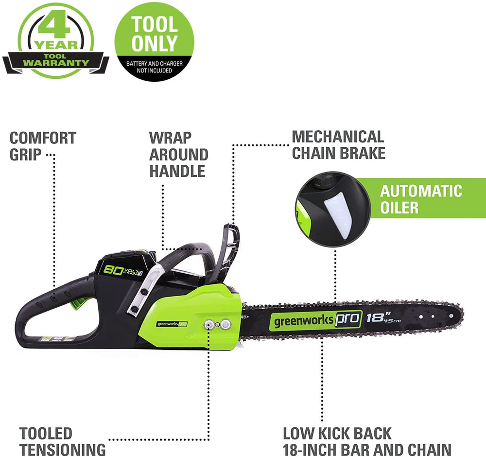 Greenworks chainsaw side profile highlighting brushless motor and durability