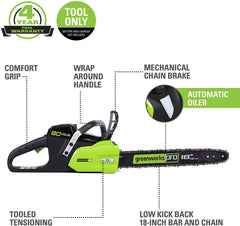 Greenworks chainsaw side profile highlighting brushless motor and durability