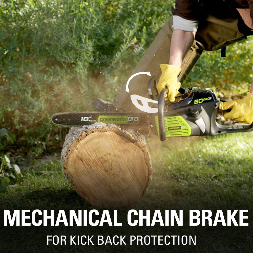 Greenworks tool only chainsaw next to 80V battery station for system flexibility