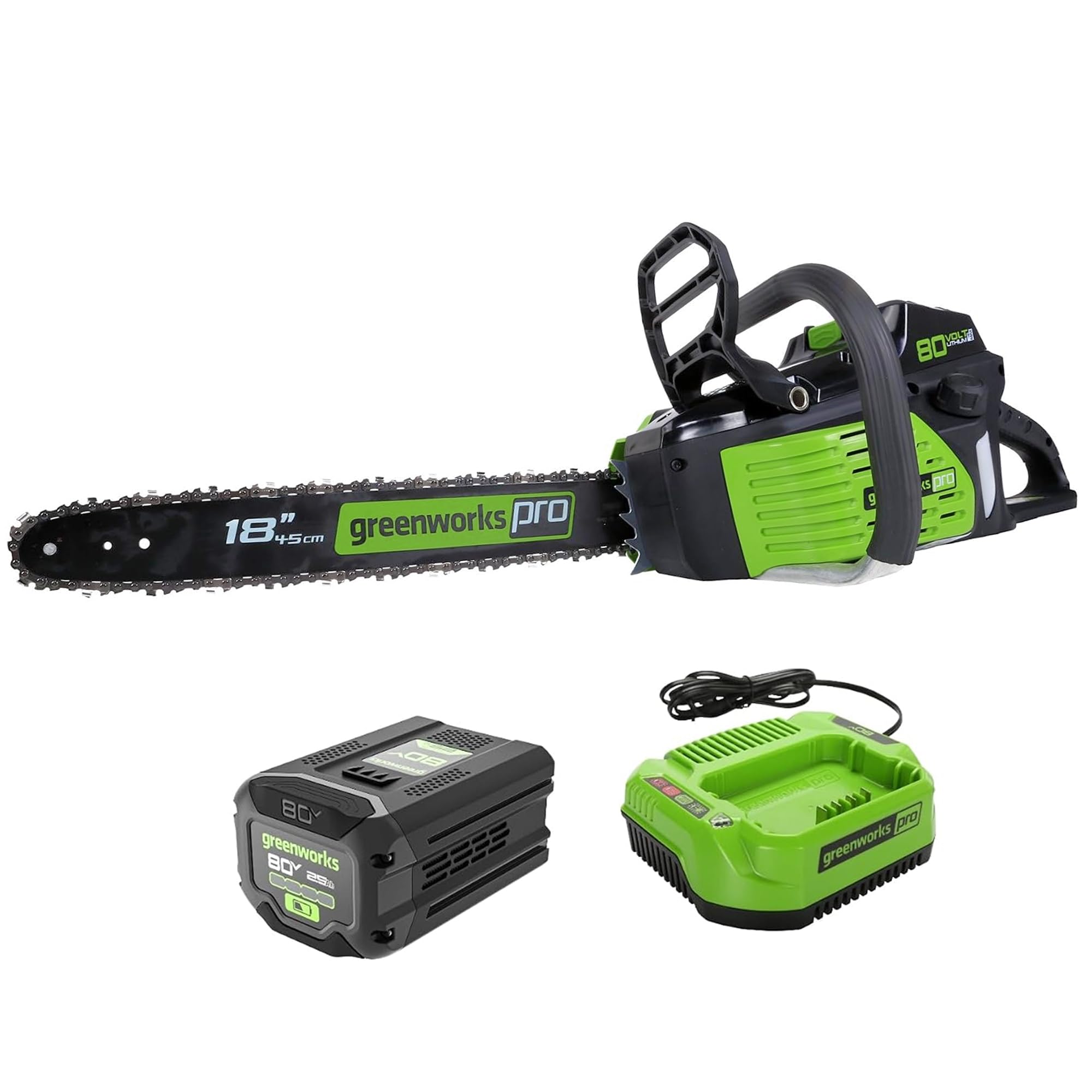 Greenworks front view of 80V 18" chainsaw showing controls and ergonomics benefit