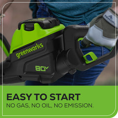 Greenworks trimmer with 2.0Ah battery attached for extended runtime