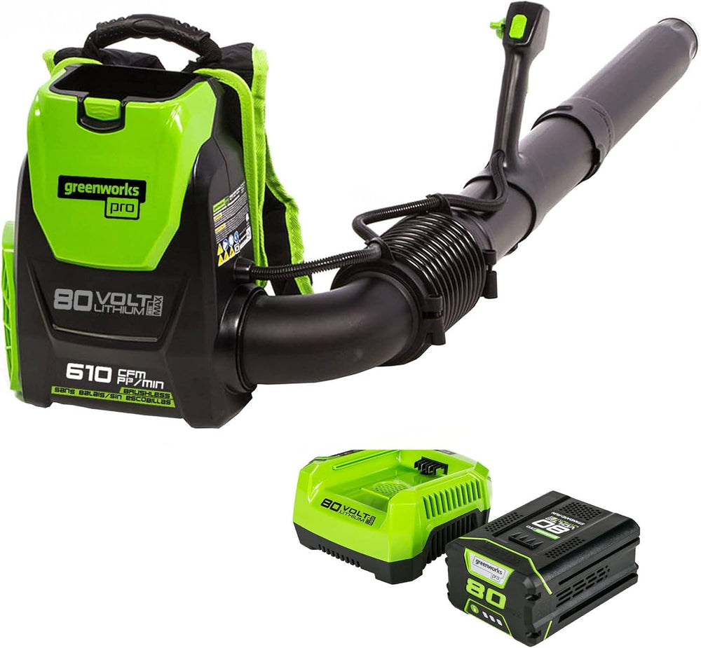 Greenworks backpack blower front view showing compact profile and strong airflow