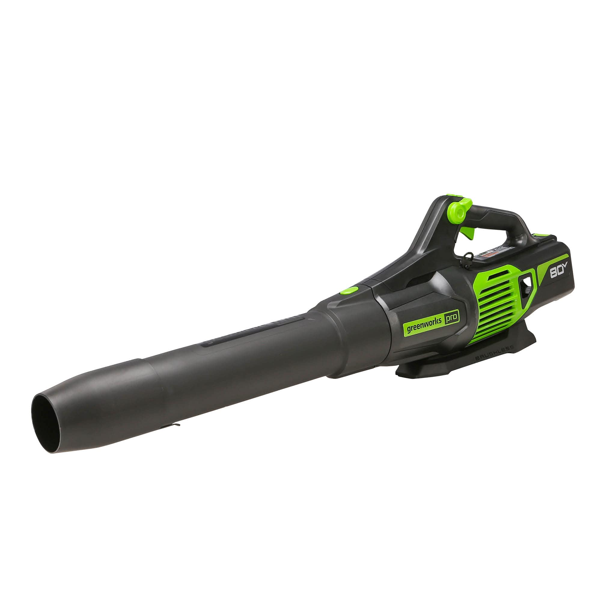 Greenworks blower front view showing compact body and quick cleanup benefit