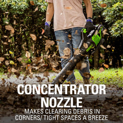 Greenworks blower in use on patio demonstrating fast debris removal