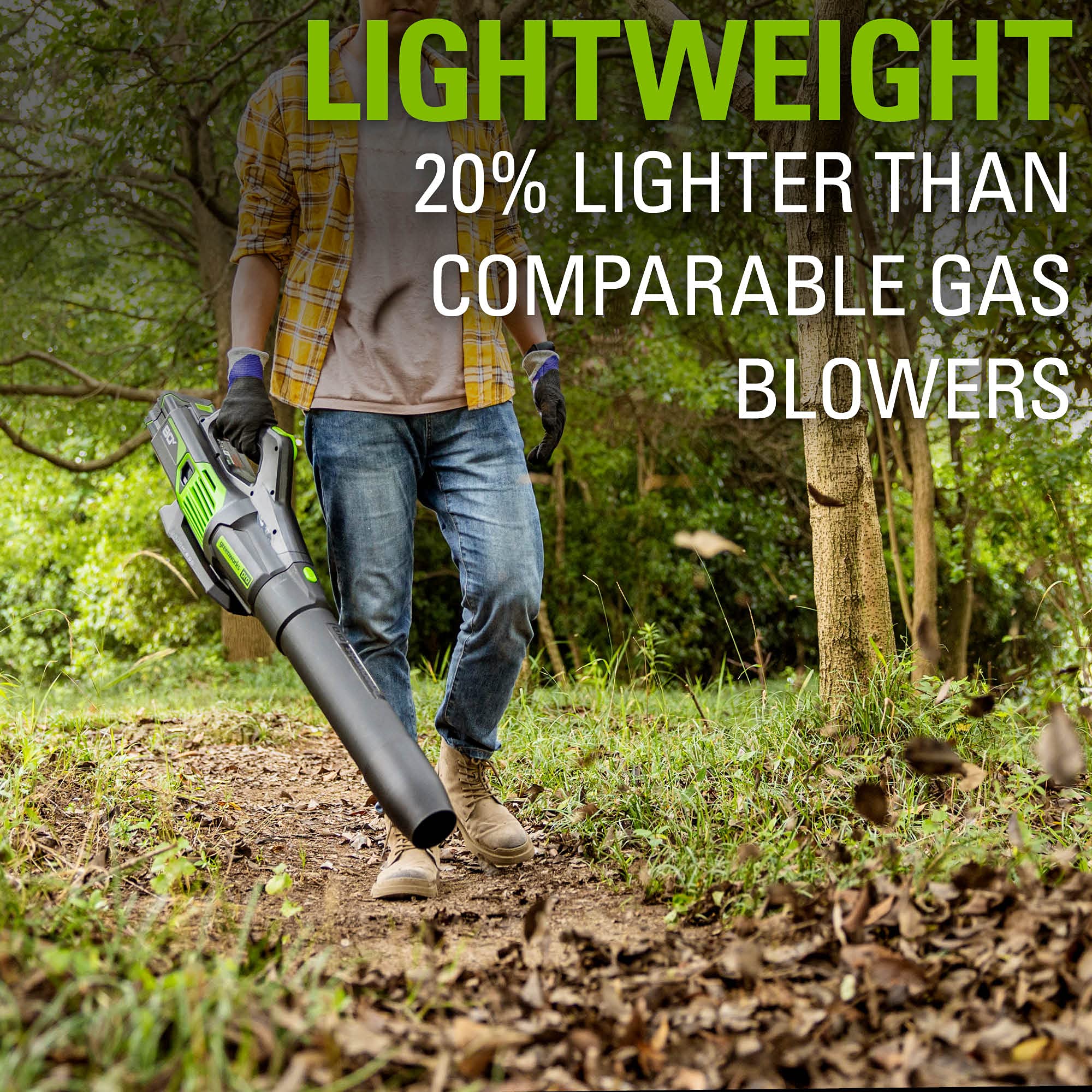 Greenworks blower beside garden tools showing compact size and portability