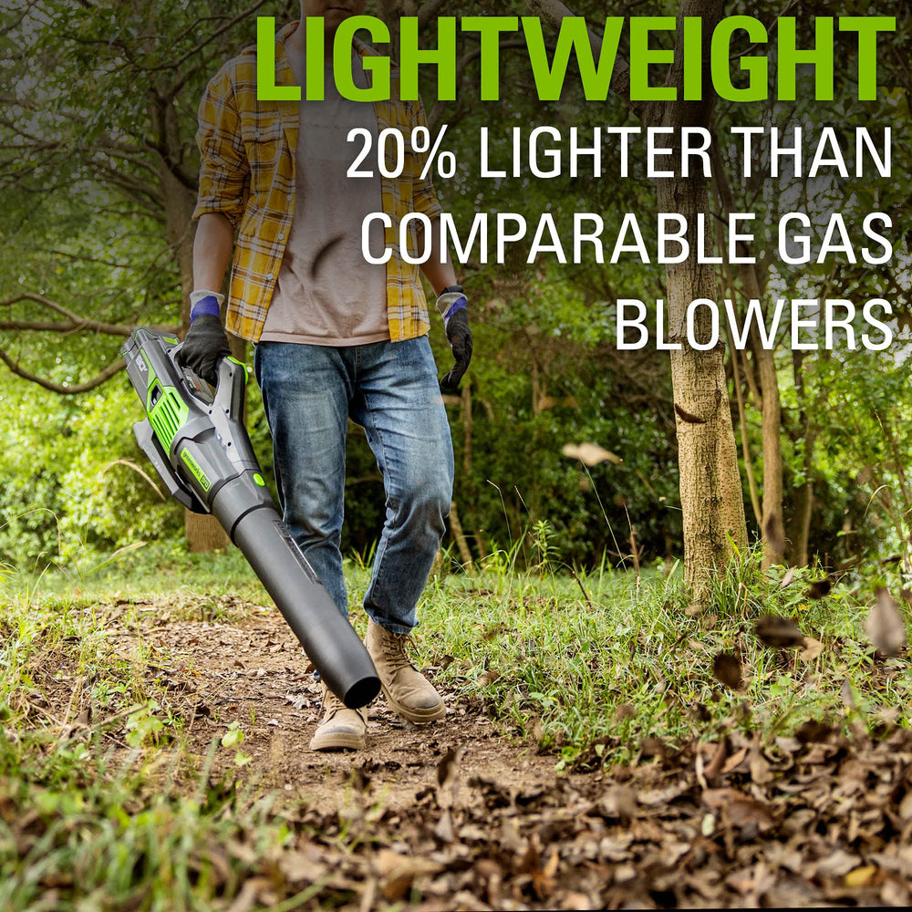 Greenworks blower beside garden tools showing compact size and portability