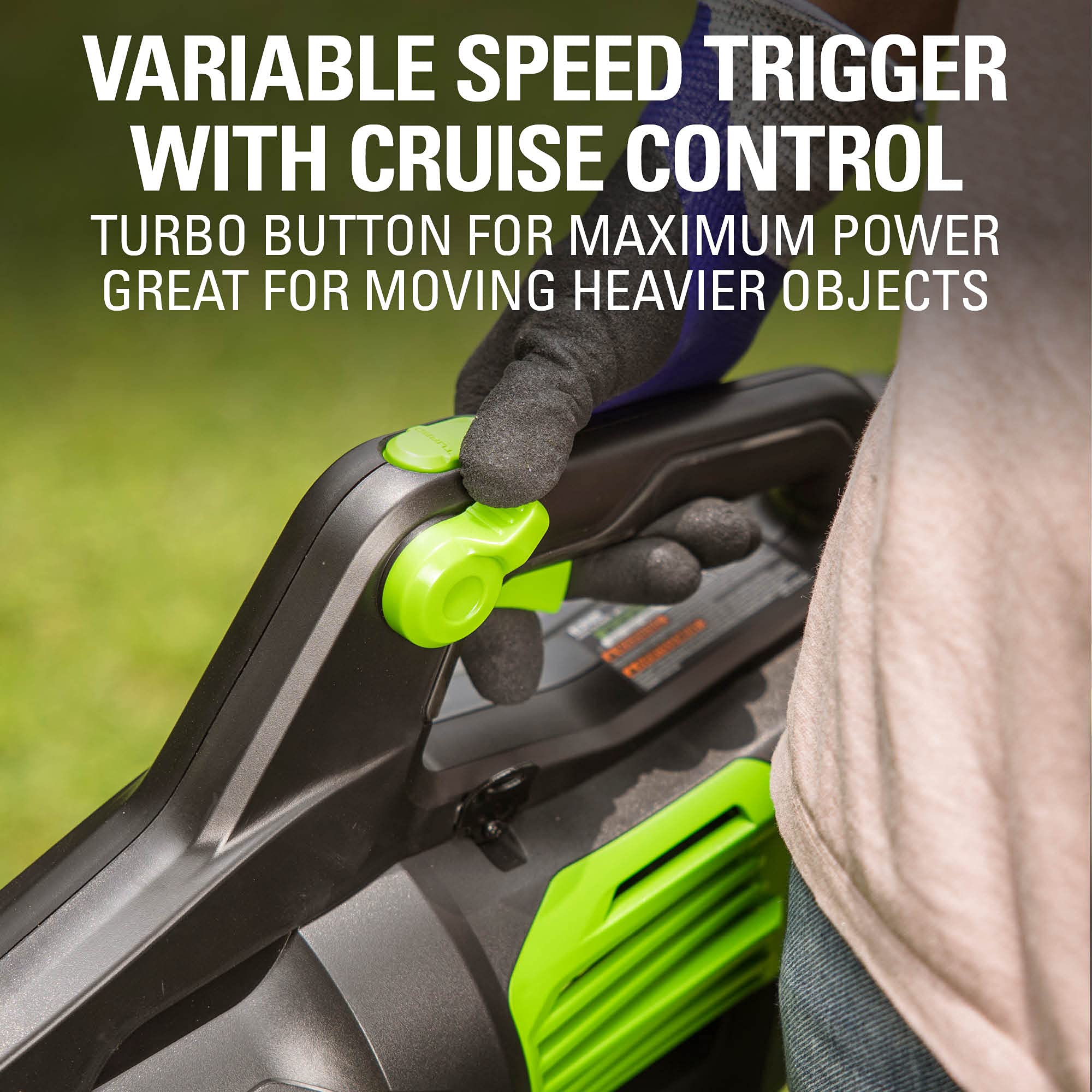Greenworks blower side profile highlighting lightweight balance for comfort