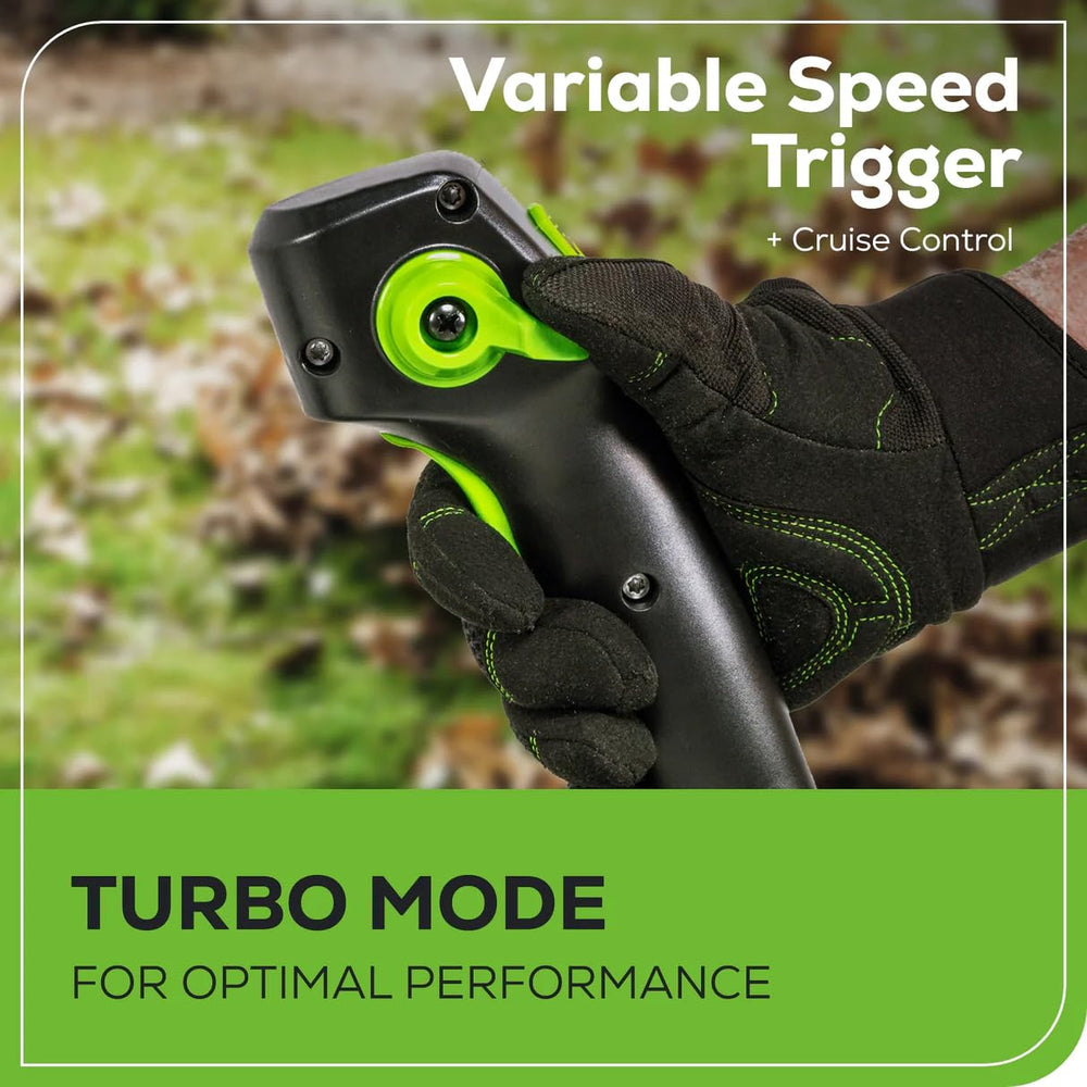 Greenworks blower next to person showing scale and lighter handling benefit