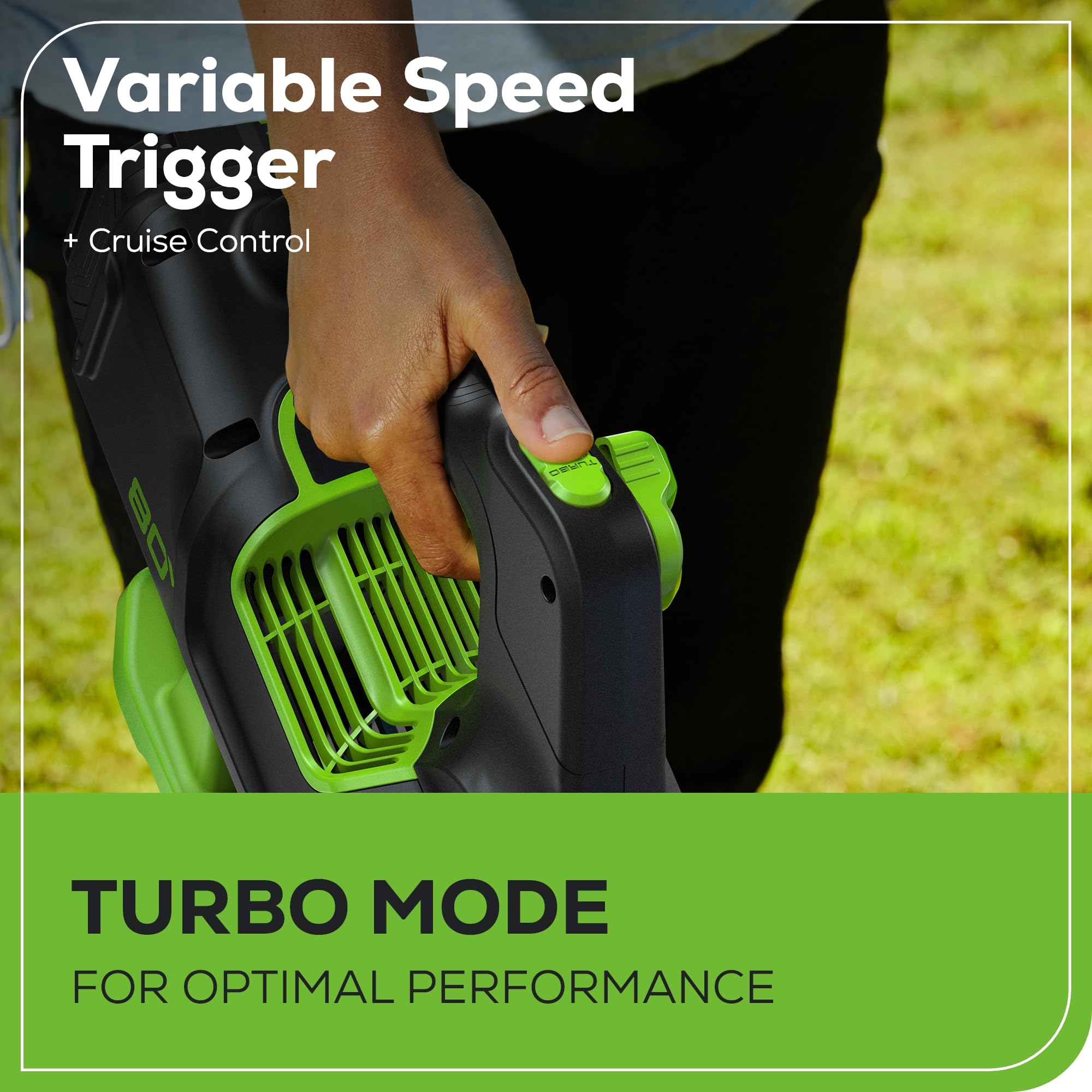Greenworks 80V close-up of trigger and cruise controls for precise speed management