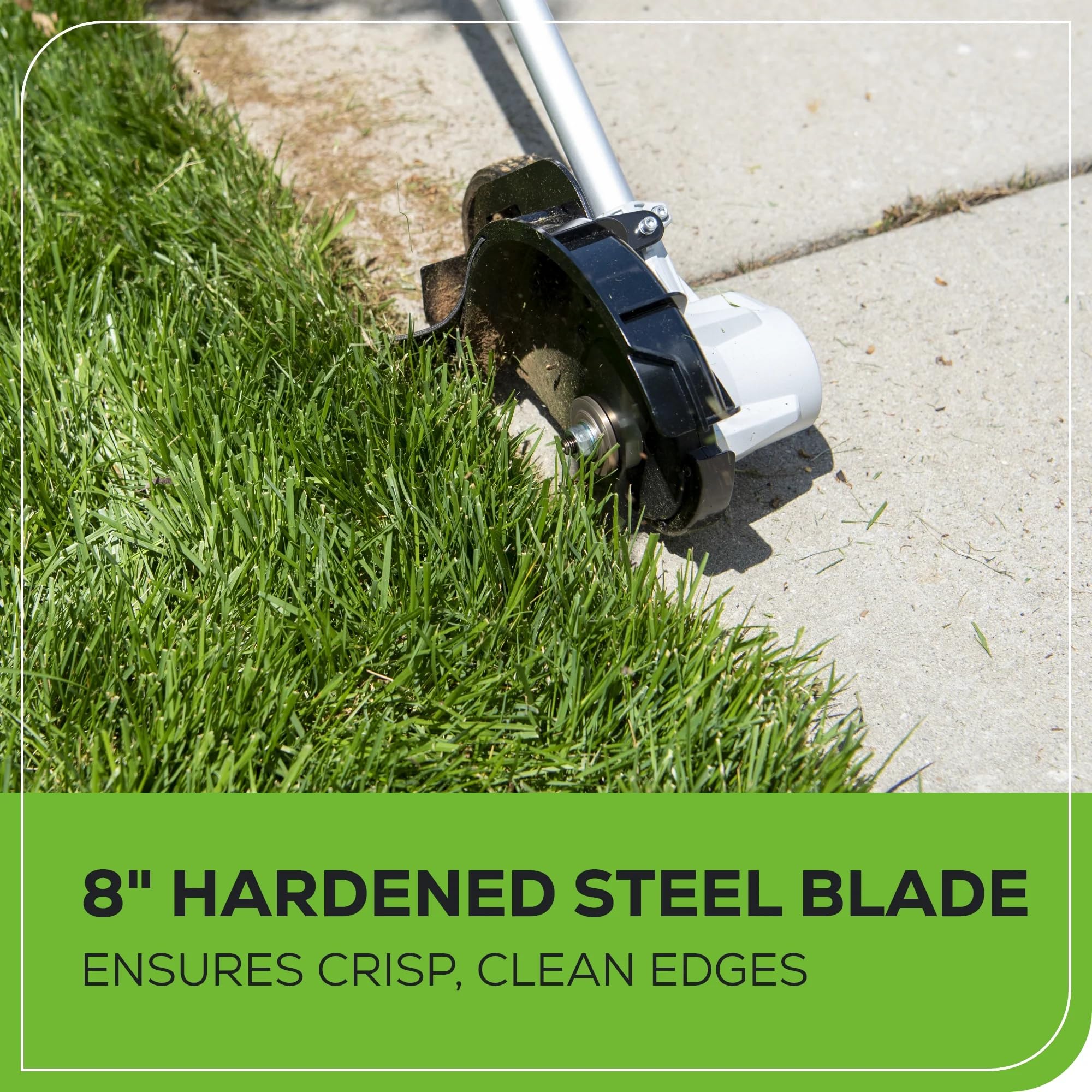 Greenworks edger 8-inch blade close-up for precise, clean edging