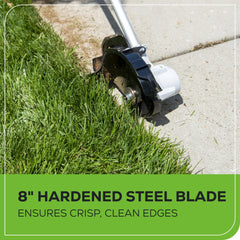 Greenworks edger 8-inch blade close-up for precise, clean edging