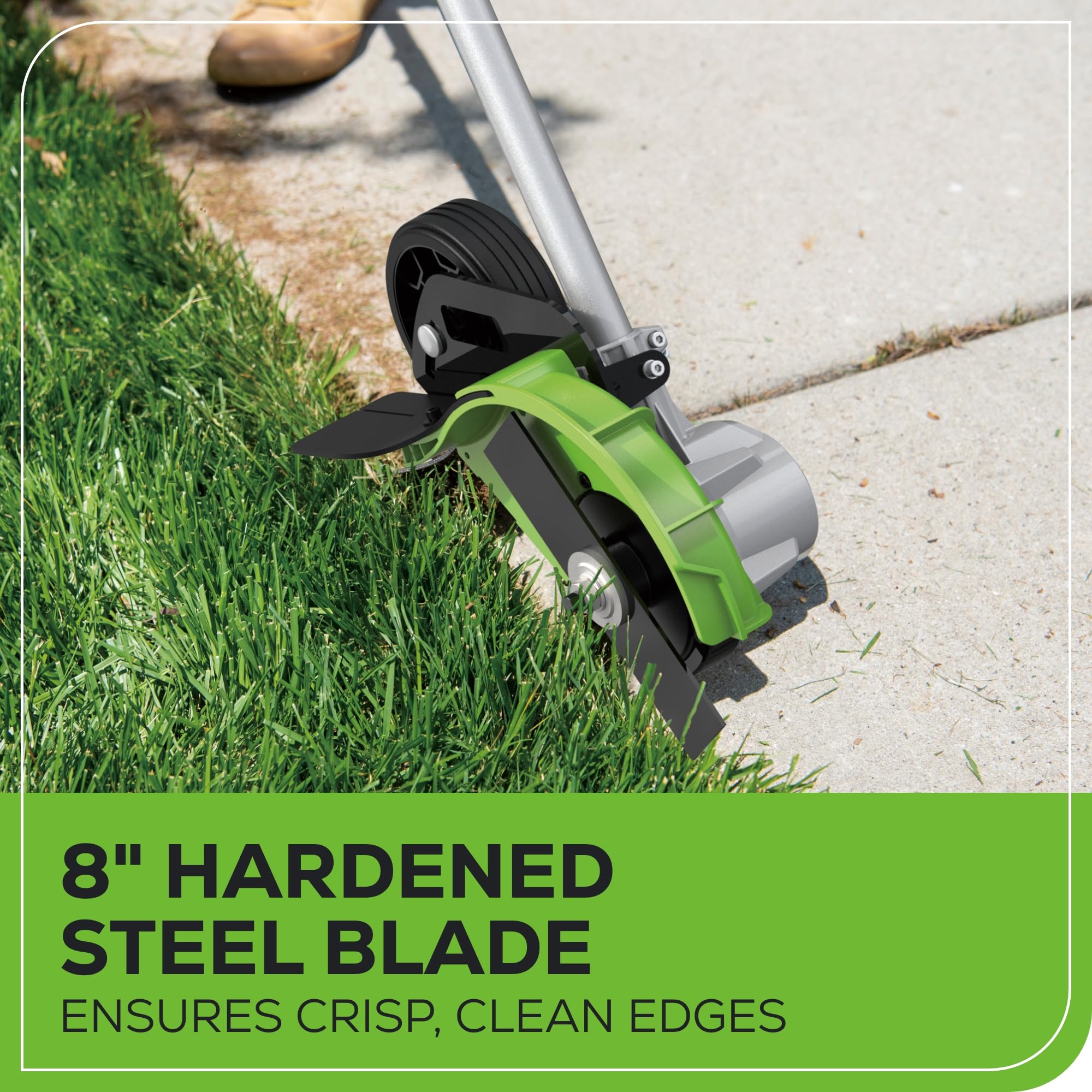 Greenworks blade close-up highlighting 8-inch steel edge and durability benefit