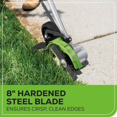 Greenworks blade close-up highlighting 8-inch steel edge and durability benefit