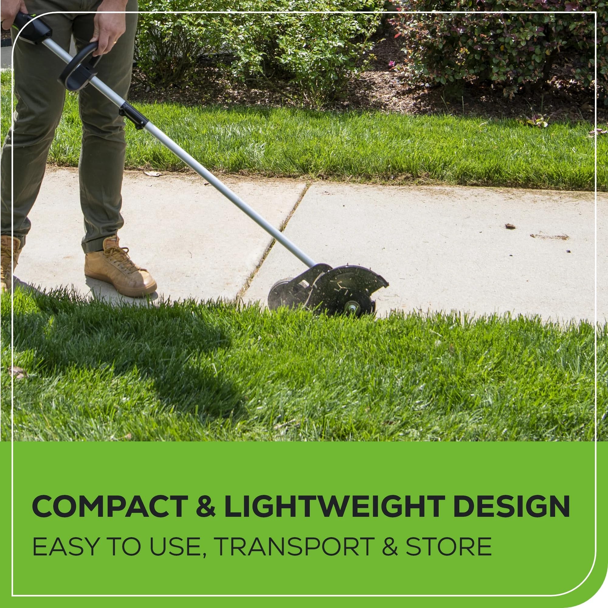 Greenworks edger in use along a driveway delivering crisp lawn edges