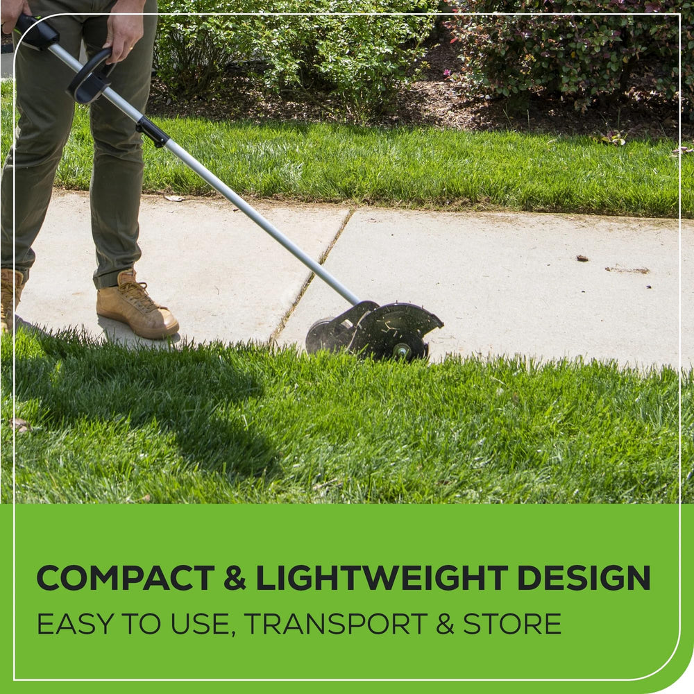 Greenworks edger in use along a driveway delivering crisp lawn edges