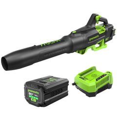 Greenworks 80V front view showing blower body and nozzle, highlighting powerful airflow