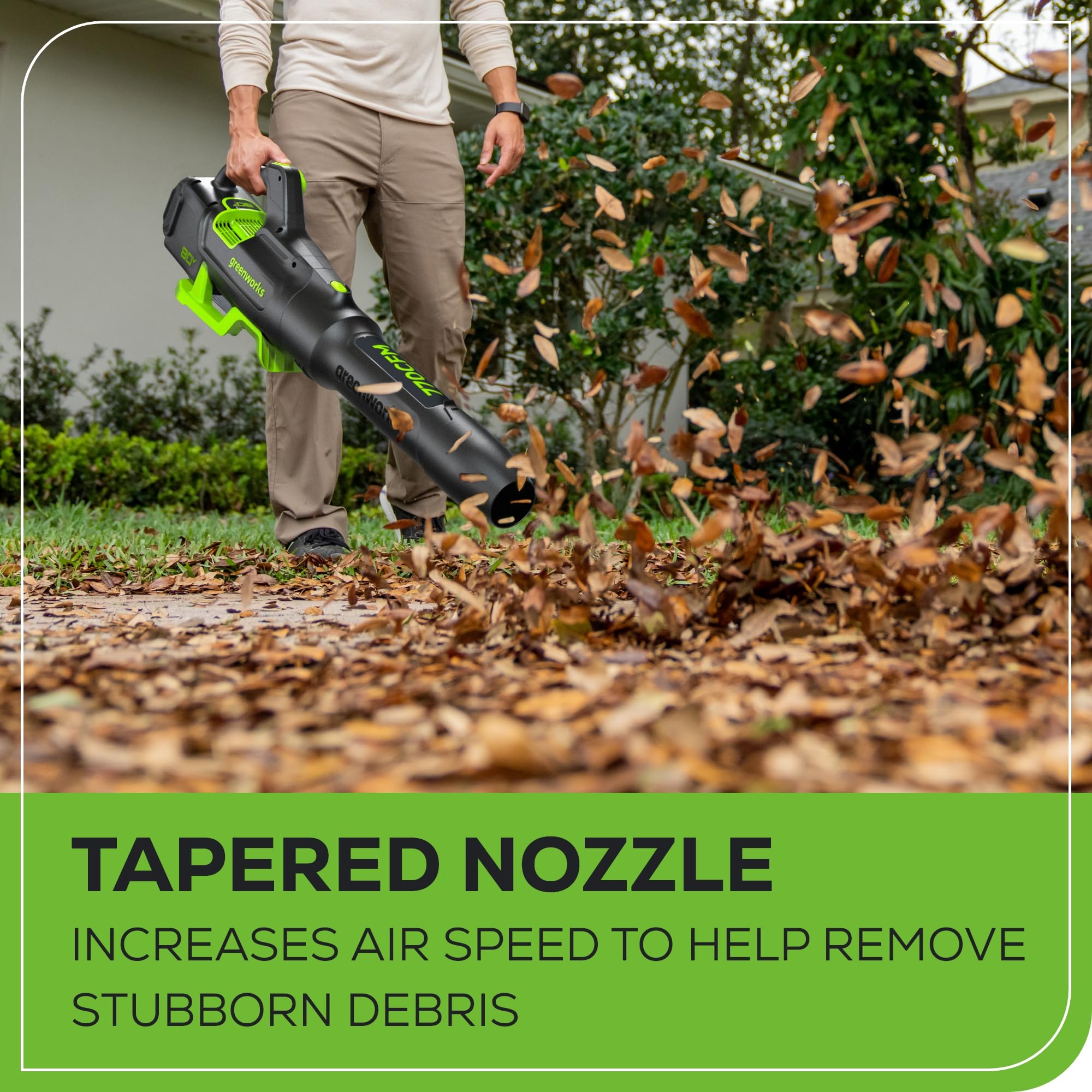 Greenworks 80V nozzle detail showing airflow outlet for concentrated debris clearing