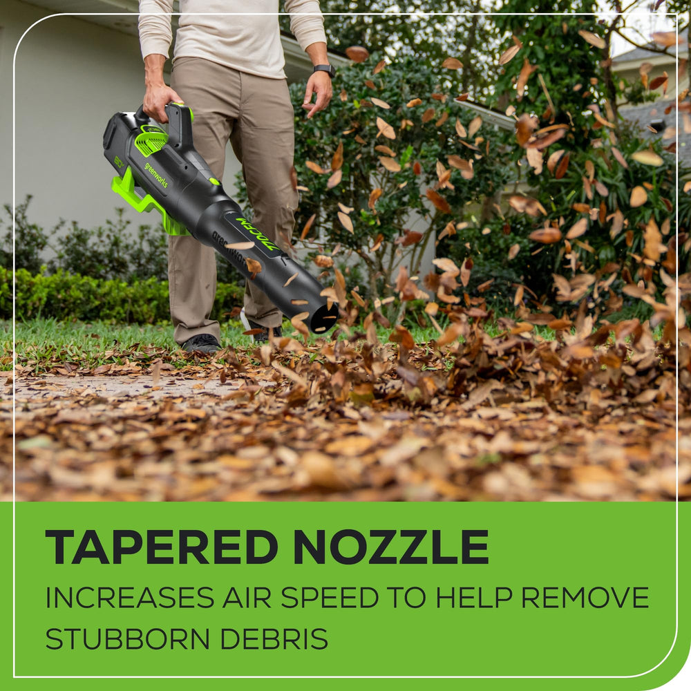 Greenworks 80V nozzle detail showing airflow outlet for concentrated debris clearing