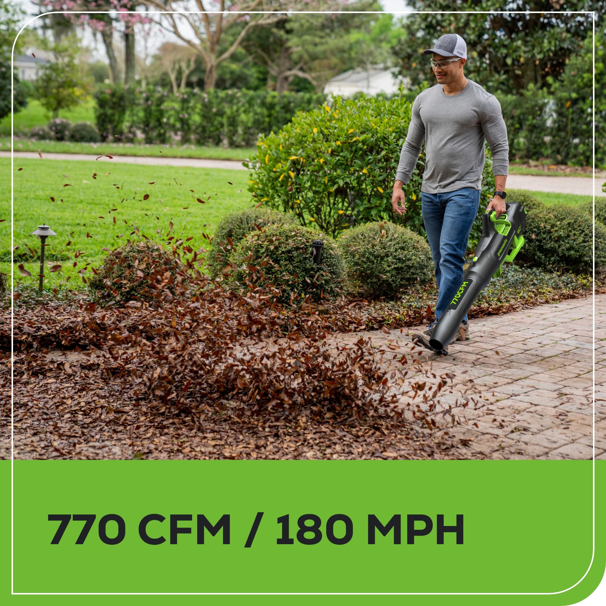 Greenworks 80V side profile emphasizing axial design and lightweight handling benefit