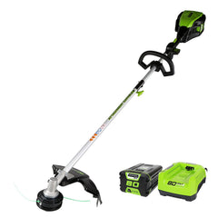 Greenworks front profile showing trimmer body and balanced ergonomics for easier handling