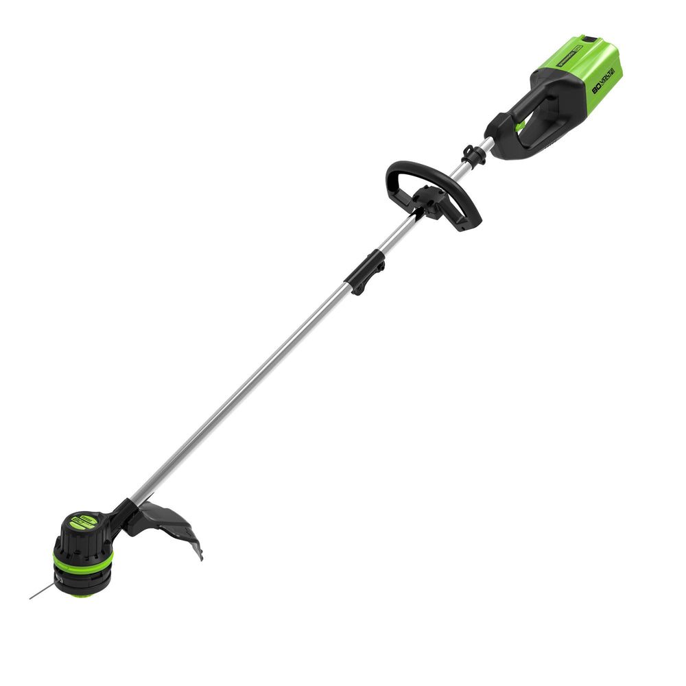 Greenworks trimmer front view showing compact design and easy handling benefit