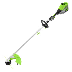 Greenworks 80V trimmer front view showing compact powerhead and ergonomic handle benefit control
