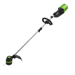 Greenworks trimmer front view showing compact design and easy handling benefit